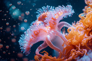 Fototapeta premium Capture the beauty of an undersea landscape using macro and wide-angle lenses, showcasing vibrant coral reefs, diverse marine life, and the mesmerizing play of light underwater.