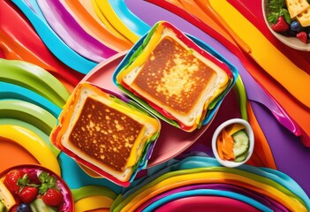 vibrant rainbow grilled cheese sandwich colorful layers melted cheese food art concept, lgbtq, lgbt, pride, love, equality, edible, tasty, delicious, appetizing