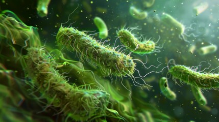 Fototapeta premium Detailed visual of the interaction between H.pylori bacteria and stomach acid, showing how the bacteria survive the acidic environment and cause damage.