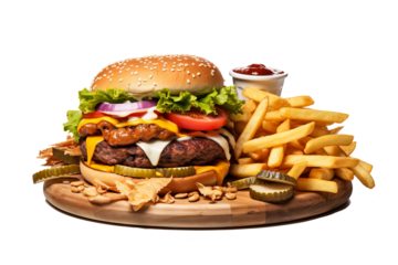High-quality fast food PNG with transparent background featuring burgers, fries, and soda for digital design and marketing projects