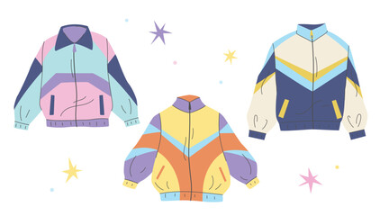 Set of bright retro windbreakers. Vintage clothes. Retro outerwear design. Nostalgia for the 1990s. Vector illustration track jacket © Ксения Хомякова