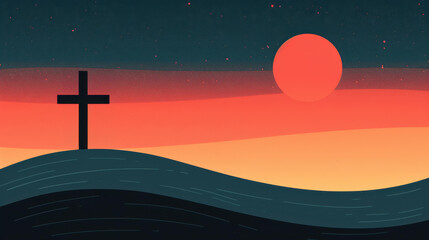 Detailed grunge illustration portraying Good Friday, featuring a prominent cross on a hill during dusk.