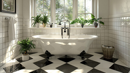 A chic bathroom with glossy black and white checkerboard tiles, creating a classic yet modern aesthetic.