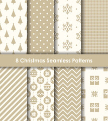 Set of Christmas seamless patterns in beige and white. Including trees, snowflakes, gift boxes, ornaments, and basic geometric patterns. Perfect for gift wrapping, stationeries, backgrounds, and more.