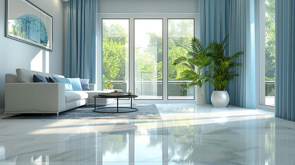 A contemporary living room with light ceramic tile flooring and matching light blue curtains, creating a fresh and modern space.