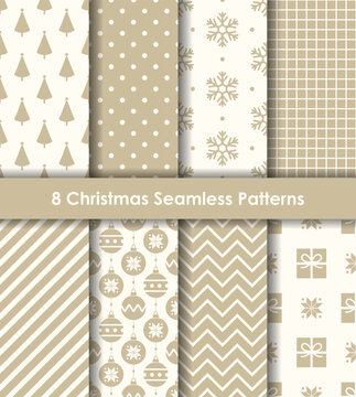 Set of Christmas seamless patterns in beige and white. Including trees, snowflakes, gift boxes, ornaments, and basic geometric patterns. Perfect for gift wrapping, stationeries, backgrounds, and more.