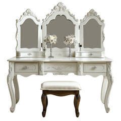 Vintage white makeup vanity with ornate mirrors, floral decorations, and a cushioned stool. Ideal for elegant bedroom decor.
