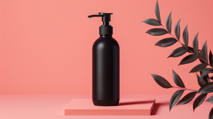 A matte black bottle with a clear pump on a simple coral background, great for advertisements.