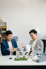 business team people planning and discussing on recycle reduce reuse policy symbol in office meeting room. Green business company