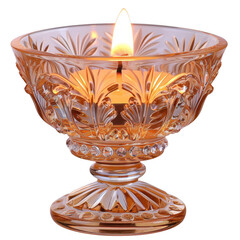 Elegant crystal candle holder with intricate designs, housing a glowing candle flame perfect for creating a warm, inviting atmosphere.