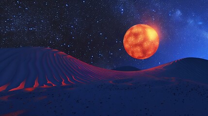 A desert dune under the starry night sky, illuminated by an orange glowing orb, symbolizing hope and dawn in 'Starry Night' style. The contrast between dark sandstone and bright stars creates depth ag