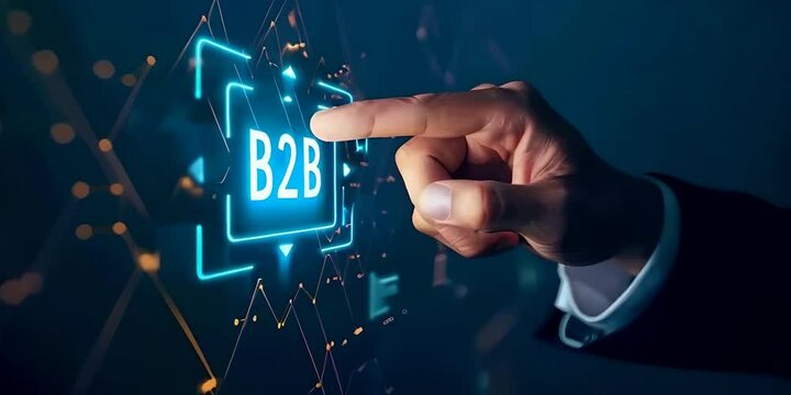 Businessman touching virtual B2B digital text exploring B2B technology, virtual communication, digital business
