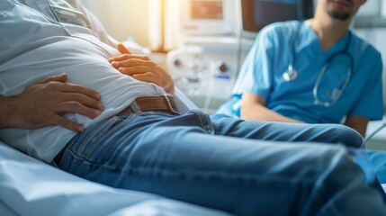 Obraz premium Person lying on a medical examination table, clutching their stomach and grimacing in pain, while a doctor prepares to perform an endoscopy to diagnose H.pylori infection.
