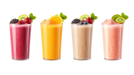 Freshly pressed assorted fruit and vegetable juice smoothie with vibrant toppings, isolated on transparent background, ideal PNG mockup template for creative artwork design and advertising