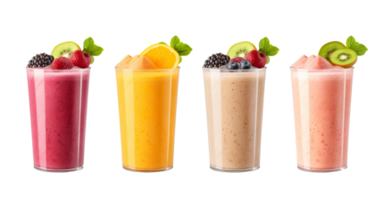 Freshly pressed assorted fruit and vegetable juice smoothie with vibrant toppings, isolated on transparent background, ideal PNG mockup template for creative artwork design and advertising