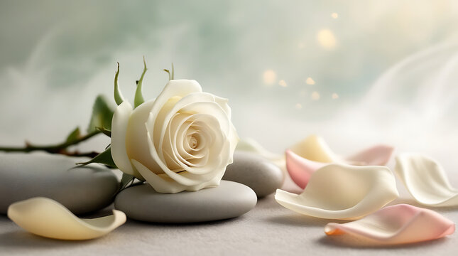 white rose on a wooden table and stones, Bachground for urdu poetry