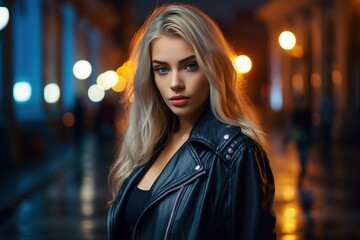 A woman in a black leather jacket stands in front of a street light