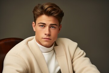 Fototapeta premium A young man in a white jacket and white shirt sits in a chair