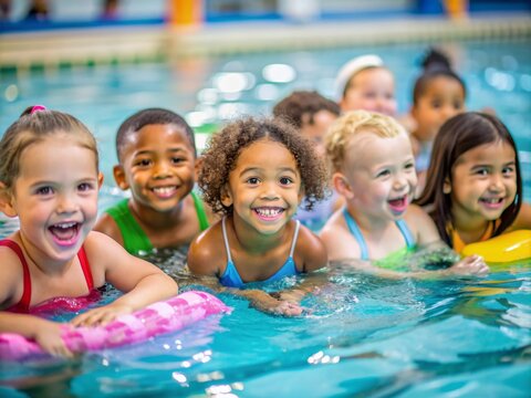 Diverse young children enjoy swimming lessons in pool, learning water safety skills - Powered by Adobe