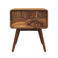 Mid-century modern wooden nightstand with drawers made of rich, polished wood. Ideal for bedroom furniture styling and home decor themes.