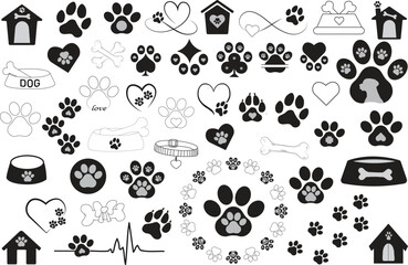 Pet Dog Elements Icon Vector Set Illustration with Paw Print Clip-Art Bundle Collection