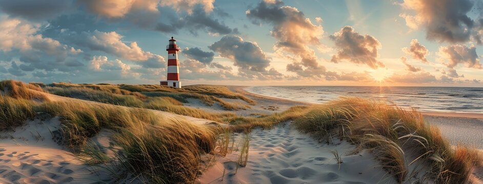 panoramic view of the lighthouse on sylt at sunset, sea and dunes in background, grassy mounds with sun rays shining through clouds, red white striped lighthouse in distance, beach in foreground, phot - Powered by Adobe