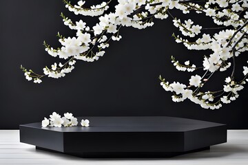 Beautiful 3D background with black podium and sakura white flowers for an elegant setup