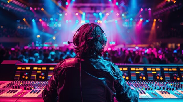 Sound engineer behind mixing console at vibrant concert venue, colorful stage lights, crowd of people enjoying live music performance.
