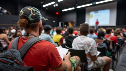 Obraz premium 4. A university student taking notes during a lecture in a large lecture hall, with a professor at the front and a projector screen displaying slides
