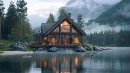 Fototapeta premium An ultra-high-definition shot of a picturesque lakeside cabin with large windows, offering views of the lake and surrounding mountains.