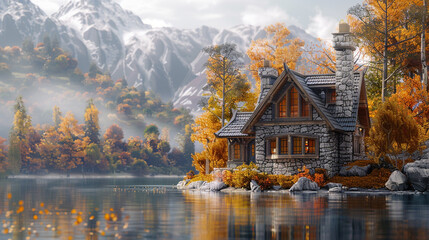 Fototapeta premium A close-up shot of a quaint lakeside cottage with a stone chimney, surrounded by autumn foliage and mountains in the background.