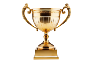 Shiny gold trophy cup isolated on PNG transparent background, perfect for award celebrations, competitions, and achievement recognition graphics