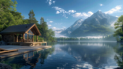 Fototapeta premium A detailed and realistic image of a lakeside cottage with a wooden deck, overlooking a calm lake with a mountain range beyond.