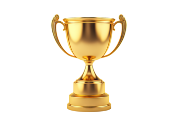 Shiny gold trophy cup isolated on PNG transparent background, perfect for award celebrations, competitions, and achievement recognition graphics
