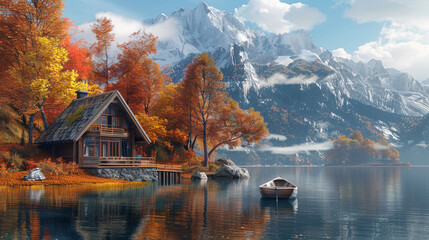 Fototapeta premium A detailed shot of a charming lakeside cottage with a small boat docked nearby, surrounded by autumn trees and mountains.