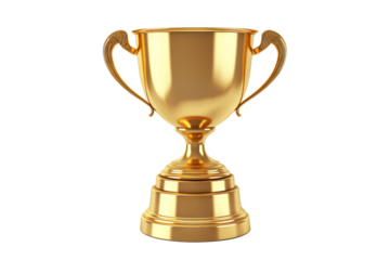 Shiny gold trophy cup isolated on PNG transparent background, perfect for award celebrations, competitions, and achievement recognition graphics