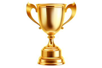Shiny gold trophy cup isolated on PNG transparent background, perfect for award celebrations, competitions, and achievement recognition graphics
