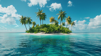 A detailed shot of a small, secluded island with palm trees and a pristine beach, set against a backdrop of a calm blue ocean.