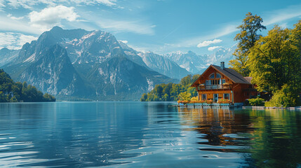 Fototapeta premium A detailed shot of a charming cottage on the edge of a serene lake, with a backdrop of majestic mountains and a clear blue sky.