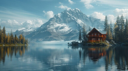 Fototapeta premium A high-definition scene featuring a rustic lakeside cabin, a calm lake reflecting the surrounding forest, and towering mountains in the distance.