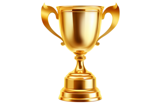 Shiny gold trophy cup isolated on PNG transparent background, perfect for award celebrations, competitions, and achievement recognition graphics