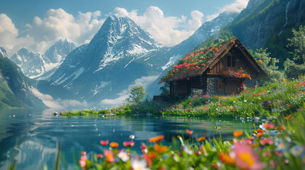 Fototapeta premium A mesmerizing close-up of a lakeside cottage with a thatched roof, surrounded by wildflowers and set against a mountain range.
