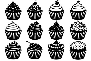 Cupcakes clipart set, silhouette black linocut vector art illustration 