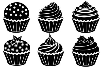 Cupcakes clipart set, silhouette black linocut vector art illustration 