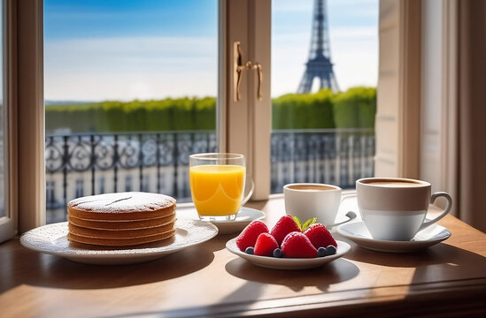 Breakfast in Paris. Table with pancake and coffee near the window with view to the Eiffel Tower