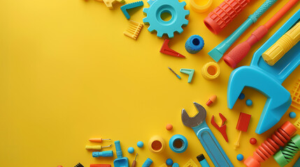 Fototapeta premium A bright toy toolset on a yellow backdrop with ample space for text on the right.
