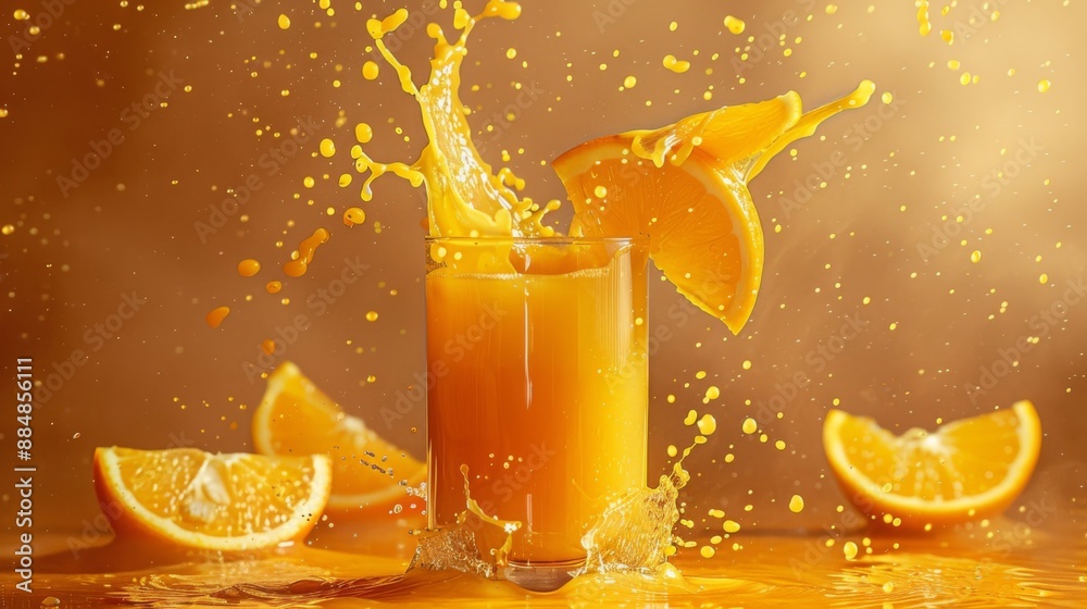 Aufkleber freshly squeezed orange juice pouring into a glass with splashes of citrus pulp