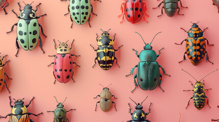 A collection of toy bugs and insects on a light pink background, leaving room for text on the right.