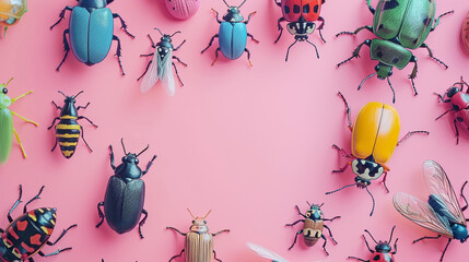 A collection of toy bugs and insects on a light pink background, leaving room for text on the right.