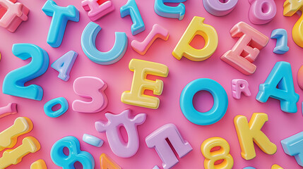 A colorful set of toy letters and numbers on a pastel pink backdrop, leaving room for copy on the right.